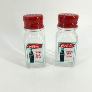 Vintage Coca Cola Clear Glass Salt & Pepper Shakers Red Lids Fishtail Logo Set